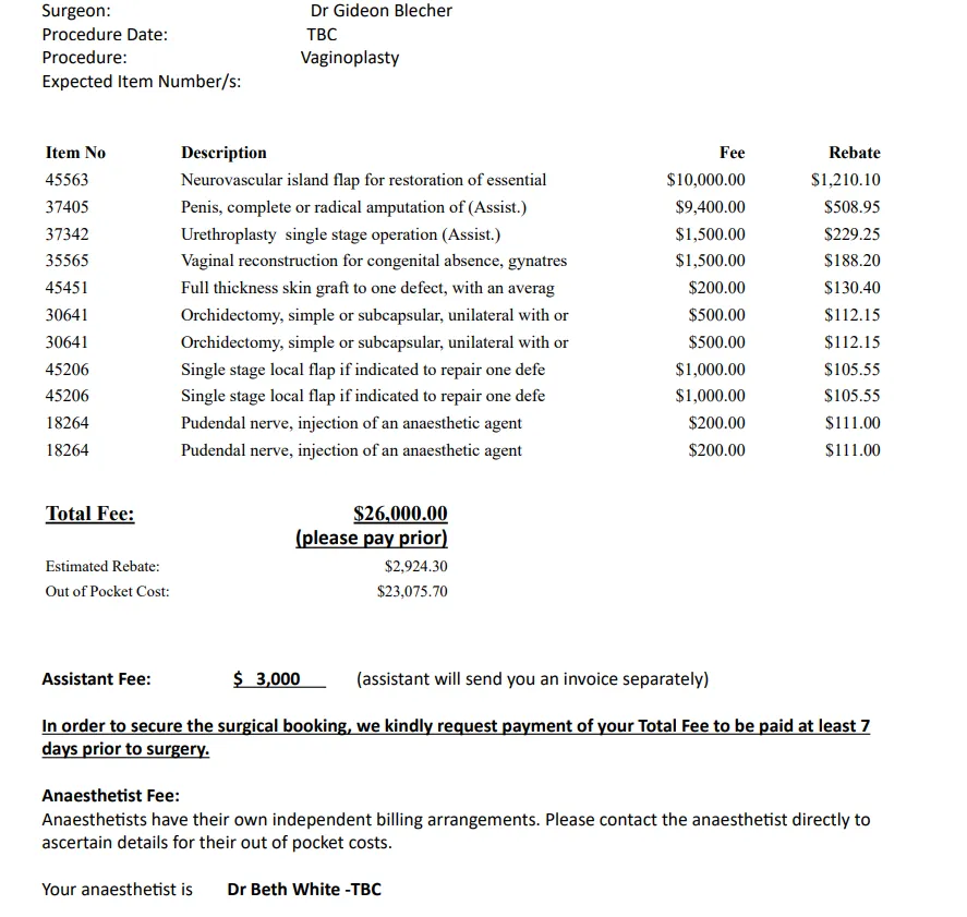 Dr Blecher Surgical fee