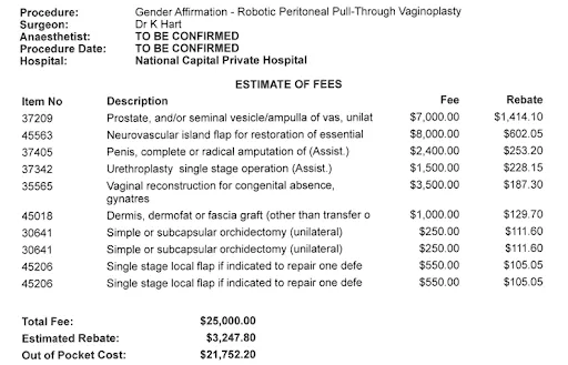 Photo of my surgical costs